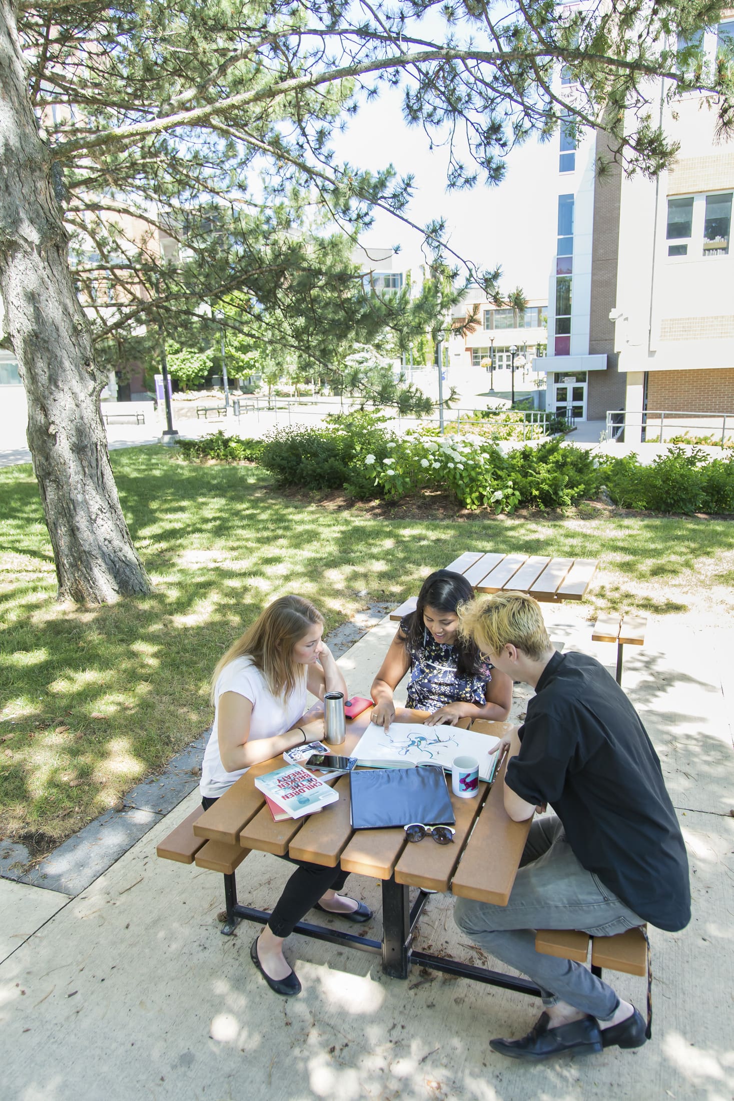 Picnic tables on the Waterloo campus, outside of the Dr. Alvin Woods Building