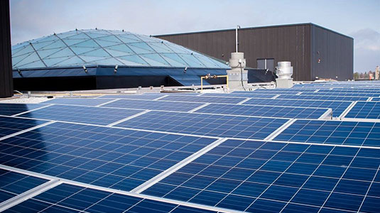 Rooftop solar panels at Lazaridis Hall, Waterloo.