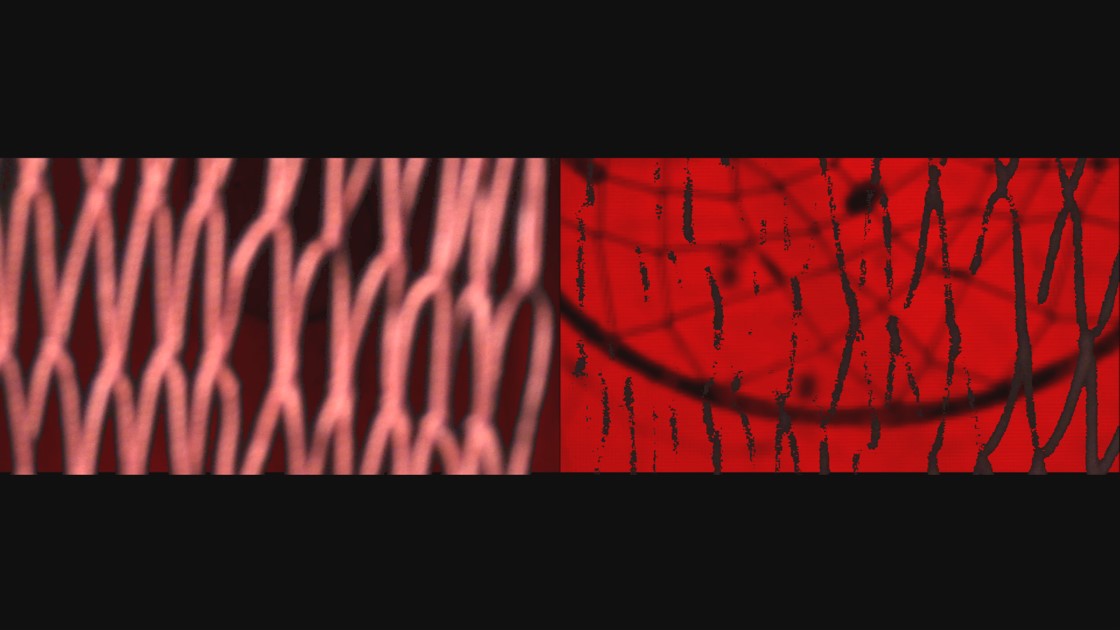 Abstract image, left side shaped like netting, right side vertical etches atop horizontal strokes