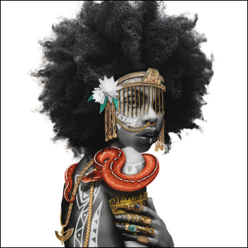 A painting of dark skinned female presenting person with gold veil and gold markings on fingers, a large afro, and a snake coiled over shoulder