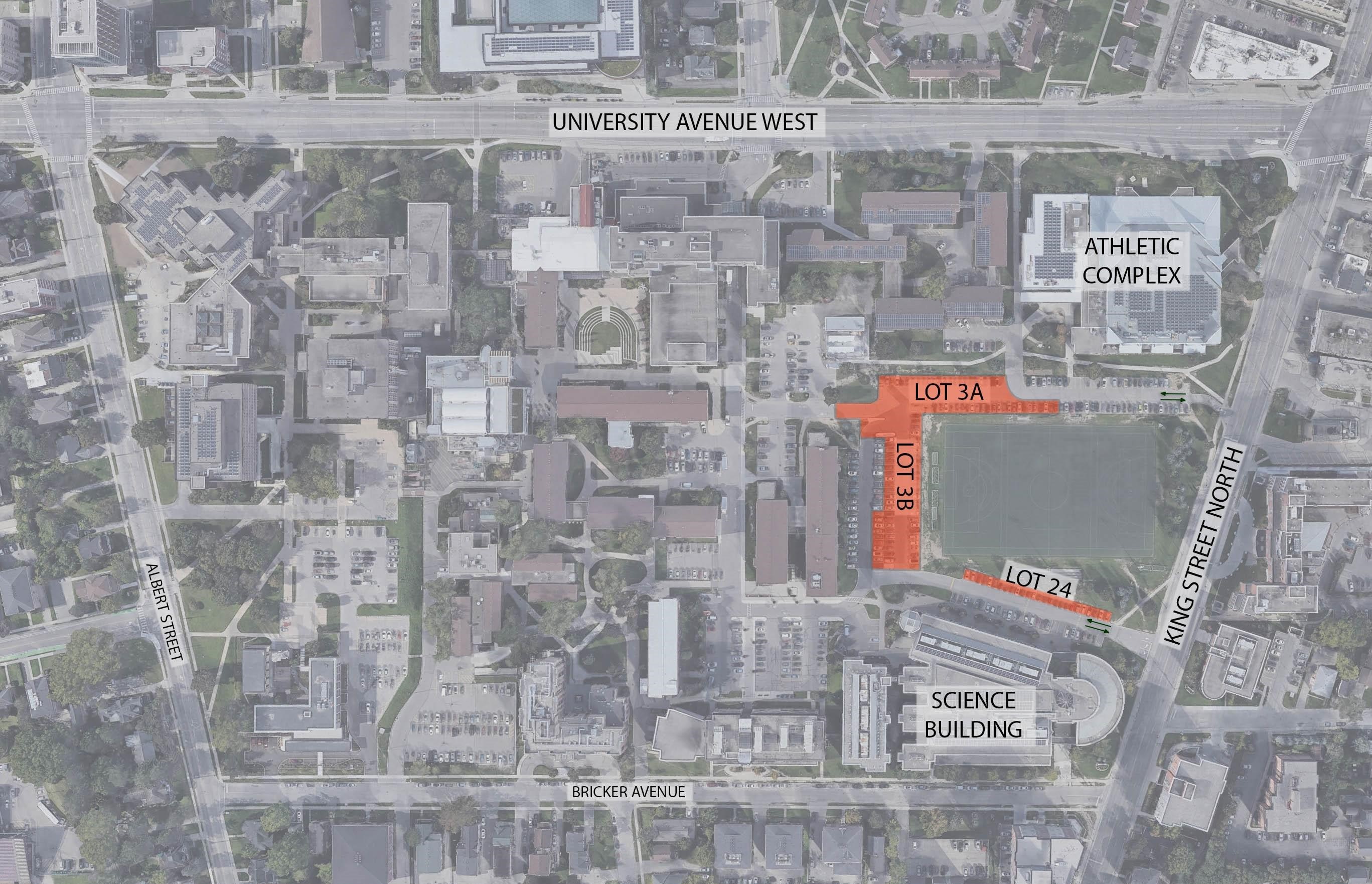 campus-map-displaying-partial-parking-lot-closures-lot3a-3b-24-and-alternate-campus-entrances-from-king-street-north