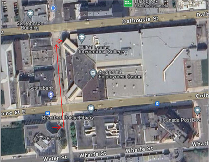The image below shows the path from Grand River Hall to One Market.  