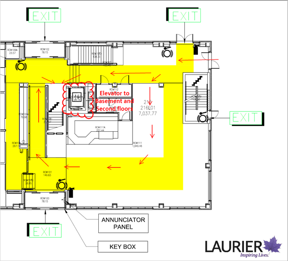 the image shows the path from entering the west wing to the elevator