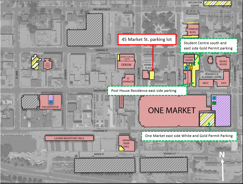 brantford campus map depicting alternate gold permit parking as a result of parking lot closure at 45 market street