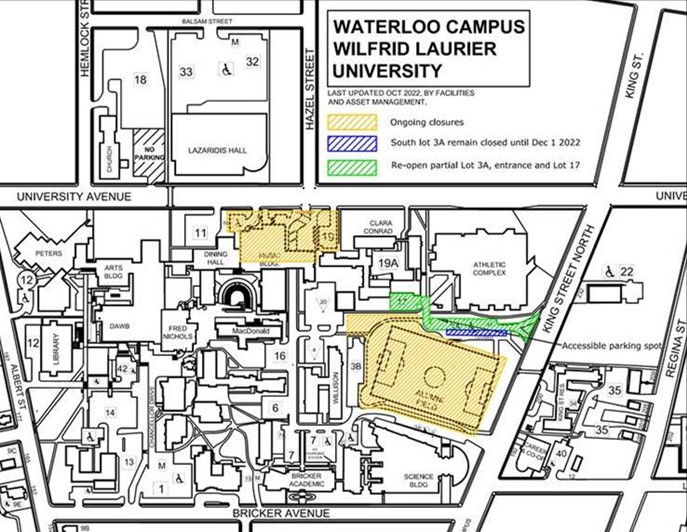 The map displays the reopening of parking lots 3A north side and lot 17, as well as the King Street North entrance reopening by Athletics Complex.  The map further displays the ongoing parking lot 3a south closure required to accommodate the work associated with the Alumni Field project.