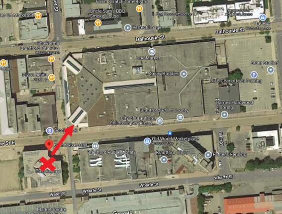 The map below shows the path from Grand River Hall to One Market