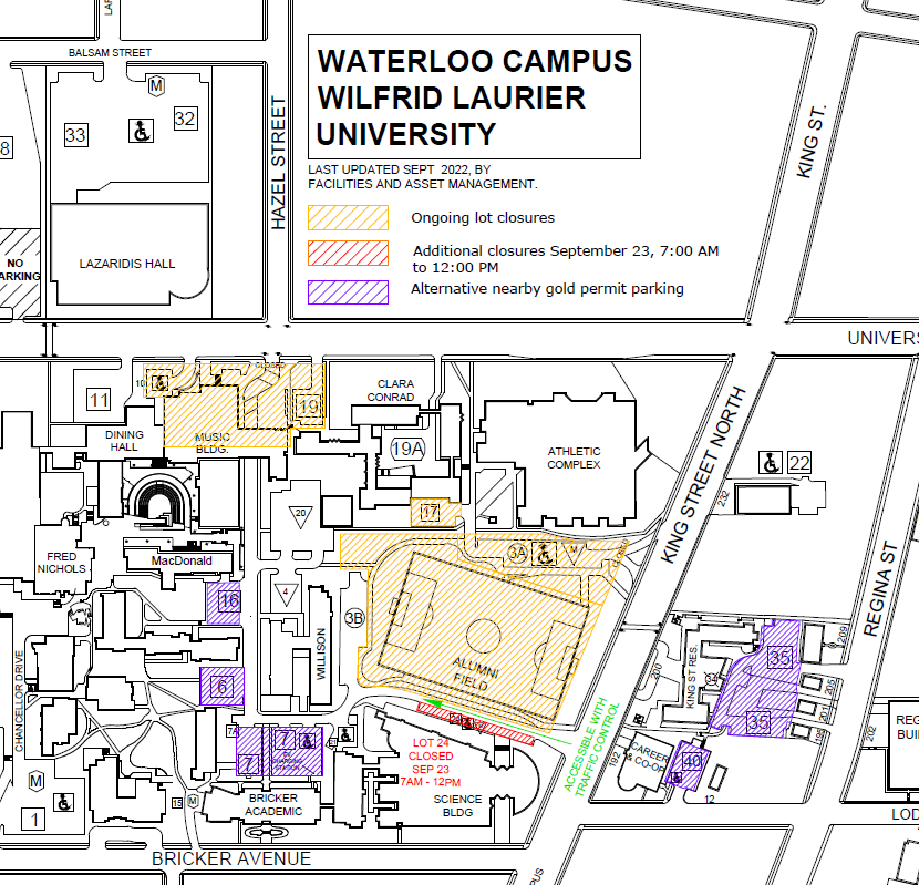 The map displays the Lot 24 temporary closure and the alternate parking locations that are required to accommodate the work associated with the Alumni Field project.