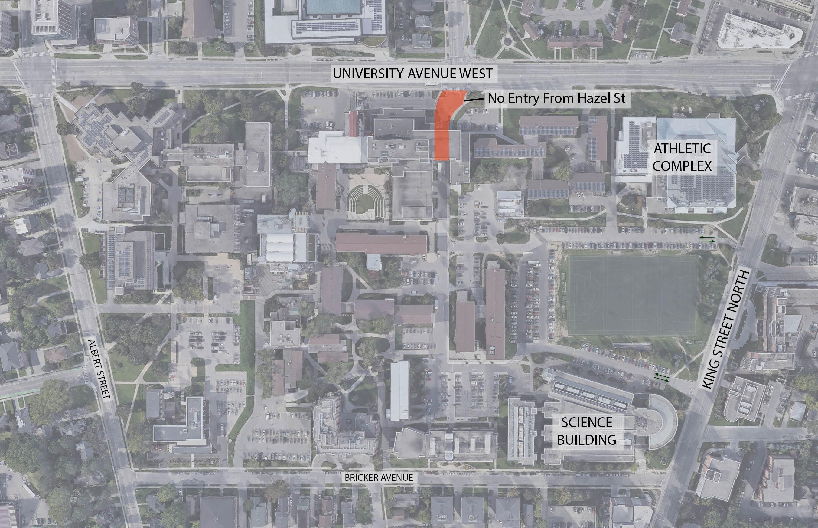 map-displaying-closure-of-university-avenue-west-campus-entrance-and-alternate-king-street-north-entrance-by-science-building