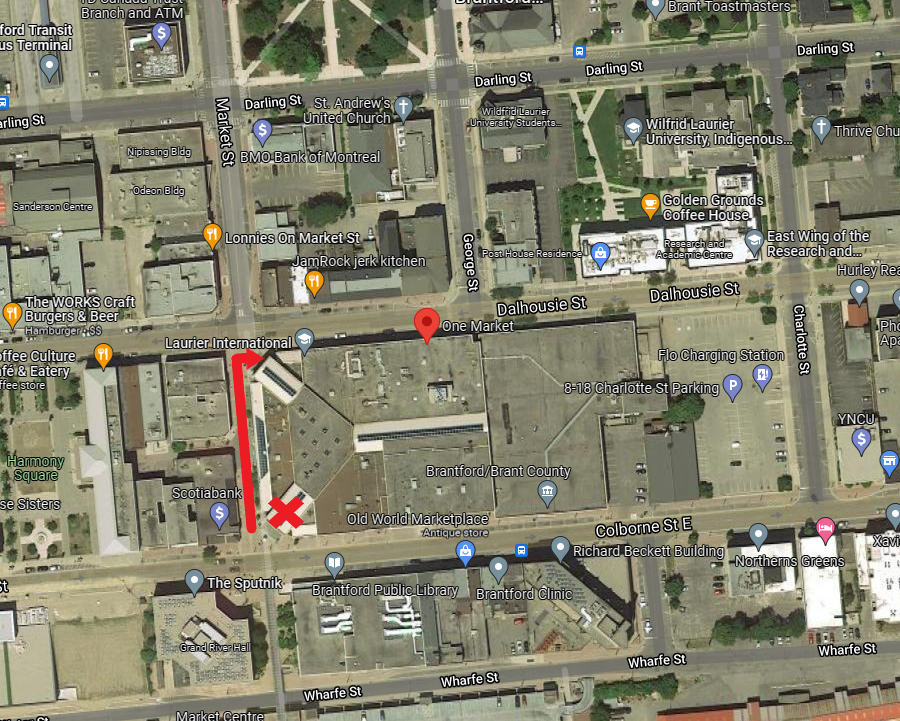 The image below highlights the closed entrance at Colborne Street, highlighting the route to the Dalhousie Street Entrance
