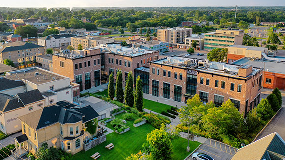 Aerial view of Laurier's Brantford campus.