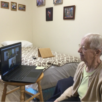 Selma Enns, a Parkwood resident meets virtually with Laurier students as part of the Virtual Village partnership.