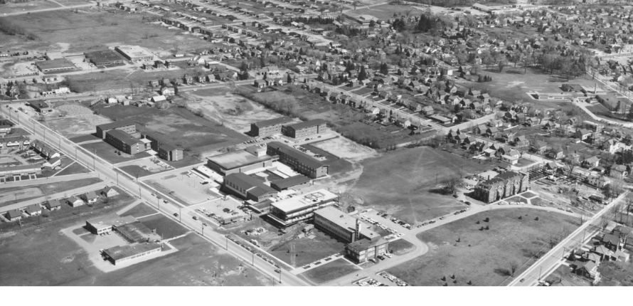Black and white aerial photo Laurier's Waterloo campus in 1970.