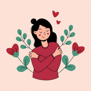 A digital image of a woman hugging herself with red flowers around her body